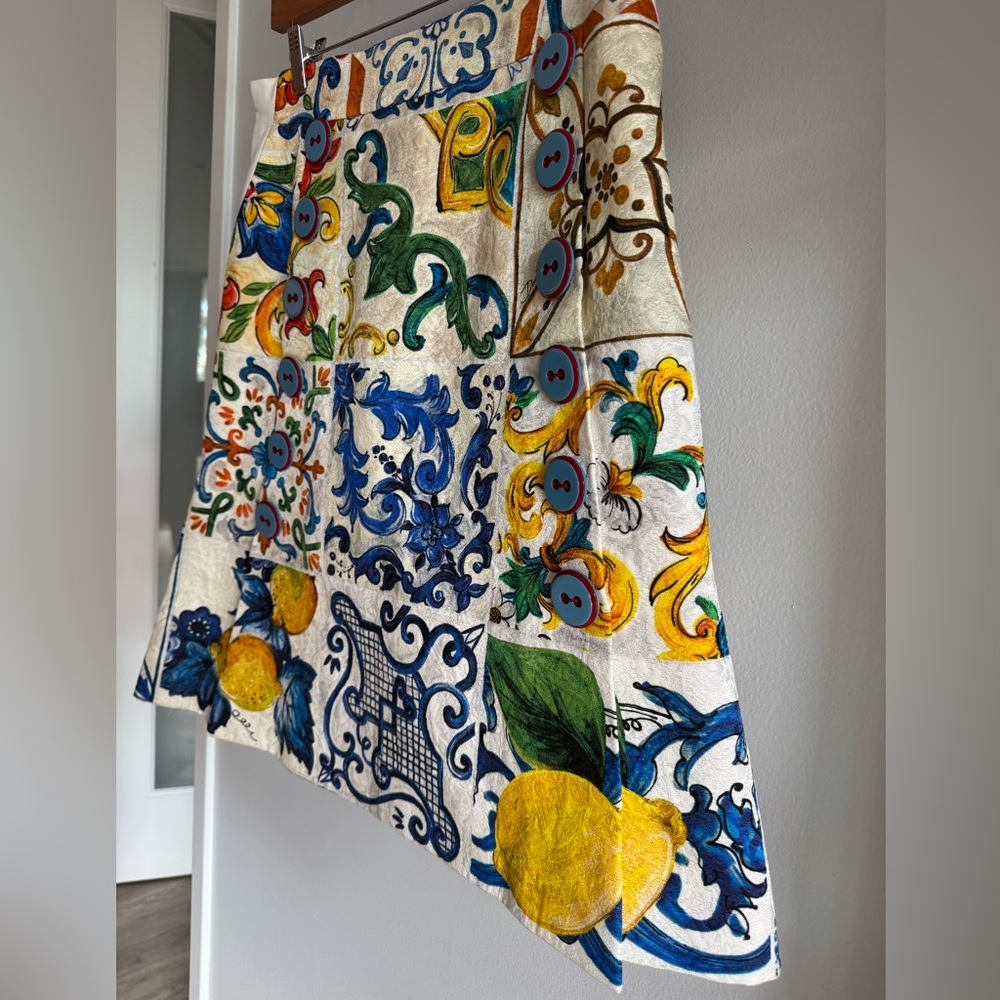 Dolce & Gabbana Majolica Lemon Mediterranean Tile Print Silk Skirt ALTERED SzMED - Picture 4 of 16